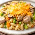 Lowfat tuna casserole - the image is a close-up of a plate of pasta dish. the pasta appears to be fusilli, which is a type of spiral-shaped pasta, and is mixed with various vegetables such as peas, carrots, and mushrooms. the dish is topped with a generous amount of shredded cheese, which adds a crunchy texture and a golden-brown color. the plate is white with a brown rim, and the background is blurred, making the pasta and vegetables the focal point of the image.