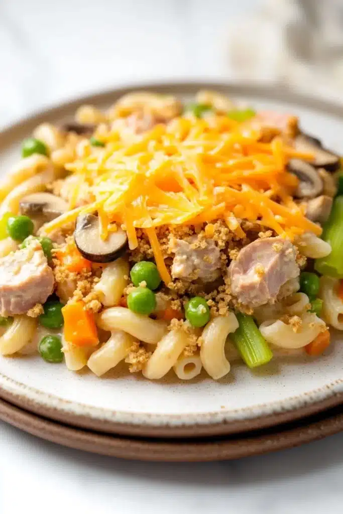 Lowfat tuna casserole - the image is a close-up of a plate of pasta dish. the pasta appears to be fusilli, which is a type of spiral-shaped pasta, and is mixed with various vegetables such as peas, carrots, and mushrooms. the dish is topped with a generous amount of shredded cheese, which adds a crunchy texture and a golden-brown color. the plate is white with a brown rim, and the background is blurred, making the pasta and vegetables the focal point of the image.