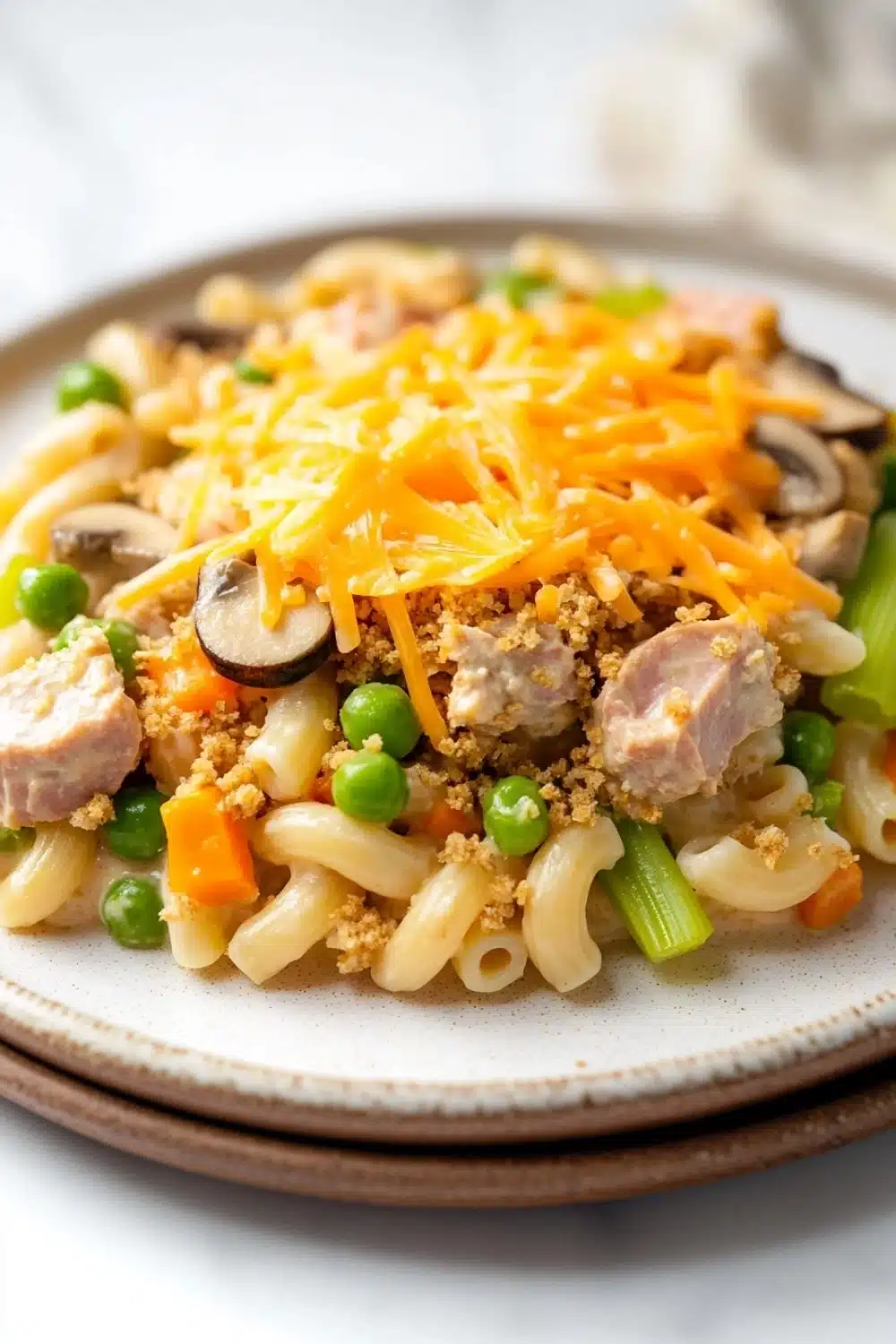 Lowfat tuna casserole - the image is a close-up of a plate of pasta dish. the pasta appears to be fusilli, which is a type of spiral-shaped pasta, and is mixed with various vegetables such as peas, carrots, and mushrooms. the dish is topped with a generous amount of shredded cheese, which adds a crunchy texture and a golden-brown color. the plate is white with a brown rim, and the background is blurred, making the pasta and vegetables the focal point of the image.