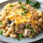 Lowfat tuna casserole - the image shows a plate of macaroni and cheese dish. the dish is served on a gray plate with a white tablecloth in the background. the macaronis are cooked al dente and are topped with a layer of melted cheese, sliced mushrooms, and chunks of ham. the cheese is crumbled and golden brown, and there are a few sprigs of parsley scattered around the plate. the overall appearance of the dish is savory and appetizing.