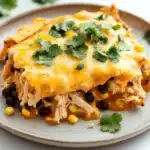 Make ahead chicken taco casserole - the image shows a plate of enchiladas on a white marble countertop. the lasagna is made with layers of chicken, black beans, corn kernels, and cheese. the top layer is covered in melted cheese and garnished with fresh cilantro. the plate is brown and there are a few sprigs of cilantro scattered around the plate. the background is blurred, but it appears to be a kitchen countertop with more cilantro leaves.