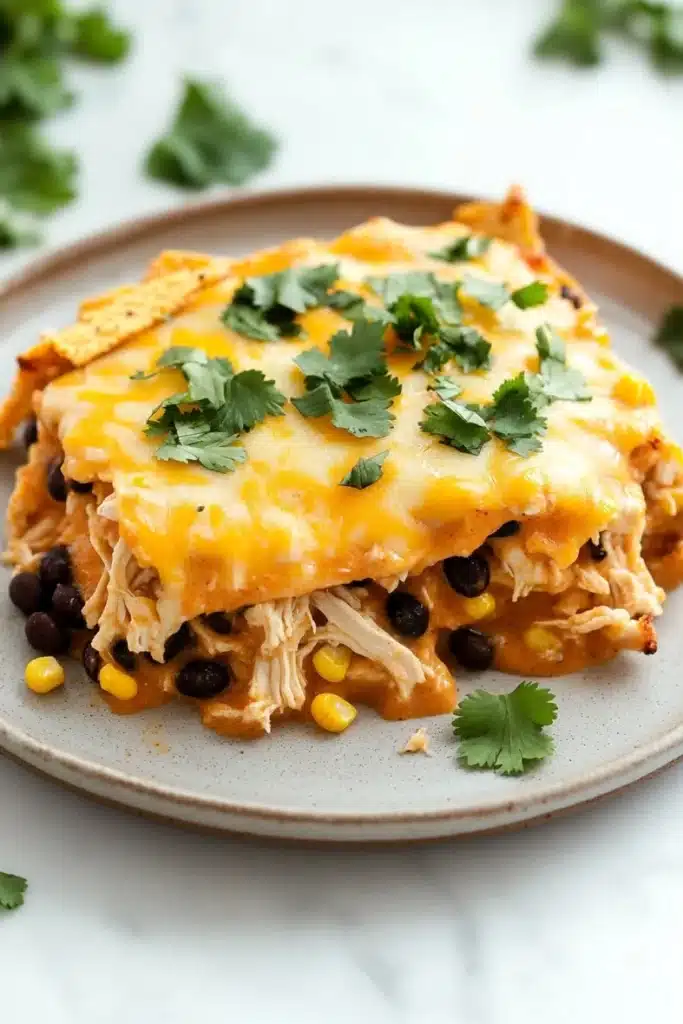 Make ahead chicken taco casserole - the image shows a plate of enchiladas on a white marble countertop. the lasagna is made with layers of chicken, black beans, corn kernels, and cheese. the top layer is covered in melted cheese and garnished with fresh cilantro. the plate is brown and there are a few sprigs of cilantro scattered around the plate. the background is blurred, but it appears to be a kitchen countertop with more cilantro leaves.