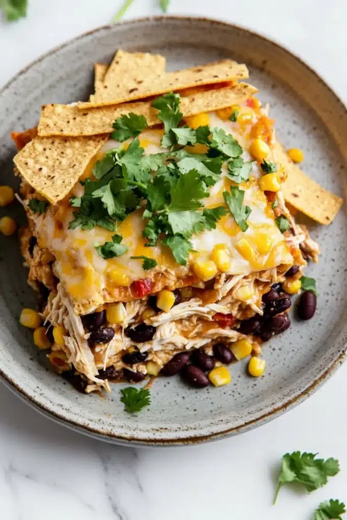 Make ahead chicken taco casserole - the image shows a plate of food with a layer of chicken enchilada on top. the dish is made up of shredded chicken, black beans, corn kernels, and cilantro. the chicken is cooked to a golden brown color and appears to be seasoned with herbs and spices. the tortilla chips are scattered on top of the dish, and there are a few sprigs of cilantro scattered around the plate. the plate is sitting on a white marble countertop.