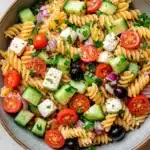 Make ahead italian pasta salad - the image is a close-up of a bowl of pasta salad. the bowl is made of ceramic and has a light brown color. the pasta is fusilli, which is a type of spiral pasta, and it is mixed with various vegetables such as sliced cucumbers, cherry tomatoes, red onions, and black olives. the salad is garnished with chopped herbs and feta cheese. the colors of the ingredients are vibrant and the dish looks fresh and appetizing.