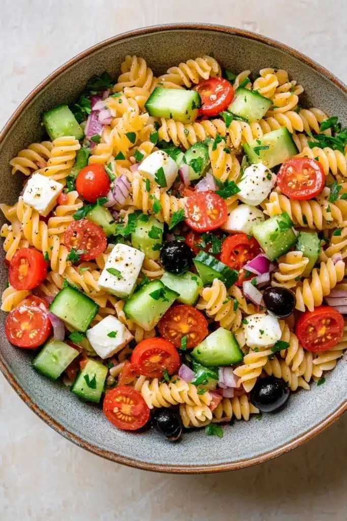 Make ahead italian pasta salad - the image is a close-up of a bowl of pasta salad. the bowl is made of ceramic and has a light brown color. the pasta is fusilli, which is a type of spiral pasta, and it is mixed with various vegetables such as sliced cucumbers, cherry tomatoes, red onions, and black olives. the salad is garnished with chopped herbs and feta cheese. the colors of the ingredients are vibrant and the dish looks fresh and appetizing.