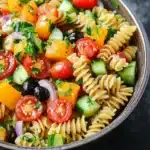 Make ahead italian pasta salad - the image is a close-up of a bowl of pasta salad. the bowl is made of ceramic and is placed on a dark grey countertop. the pasta salad is made up of spiral pasta, diced tomatoes, cucumbers, red onions, and black olives. the tomatoes are bright red and appear to be ripe and juicy. the cucumbers are cut into small cubes and are scattered throughout the salad. there are also some green herbs, possibly cilantro, adding a pop of color to the dish. the overall appearance of the salad is fresh and colorful.
