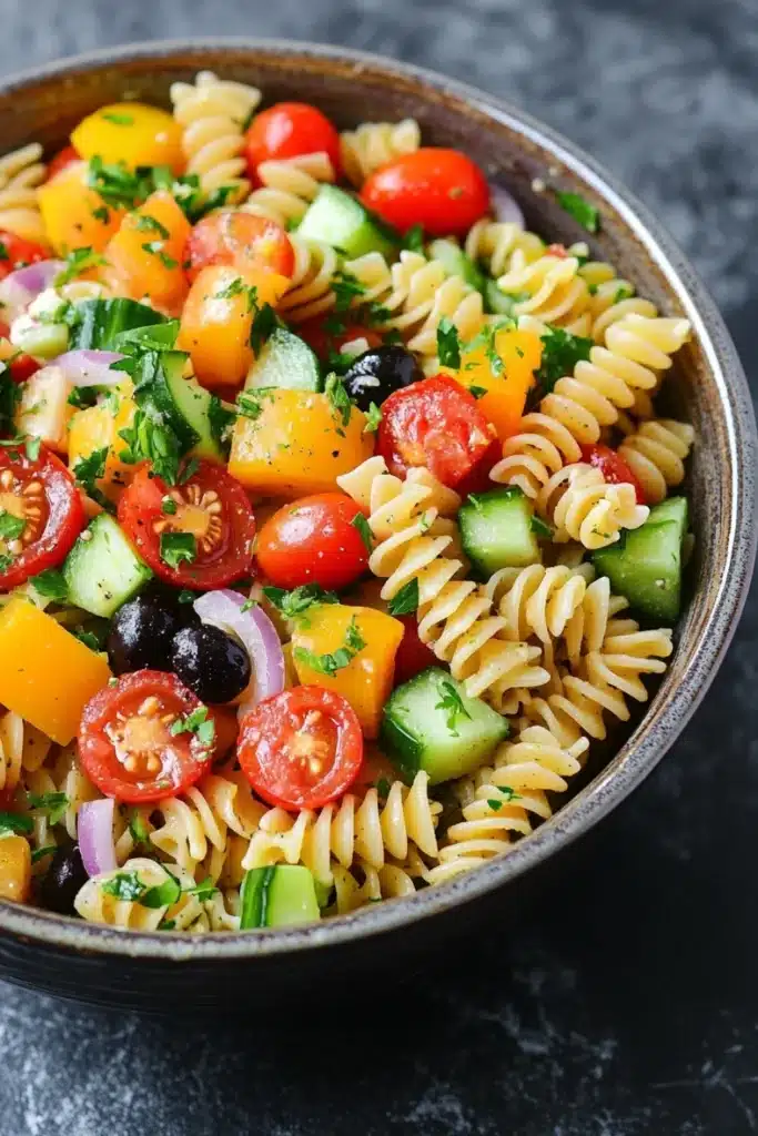 Make ahead italian pasta salad - the image is a close-up of a bowl of pasta salad. the bowl is made of ceramic and is placed on a dark grey countertop. the pasta salad is made up of spiral pasta, diced tomatoes, cucumbers, red onions, and black olives. the tomatoes are bright red and appear to be ripe and juicy. the cucumbers are cut into small cubes and are scattered throughout the salad. there are also some green herbs, possibly cilantro, adding a pop of color to the dish. the overall appearance of the salad is fresh and colorful.