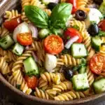 Make ahead pasta for camping - the image is a close-up of a bowl of pasta salad. the bowl is made of wood and is placed on a wooden table. the pasta is fusilli, which is a type of spiral pasta, and it is mixed with various vegetables such as sliced tomatoes, cucumbers, black olives, and basil leaves. the vegetables are arranged in a colorful and appetizing manner, with some of them overlapping each other. the colors of the vegetables are vibrant and the dish looks fresh and vibrant.