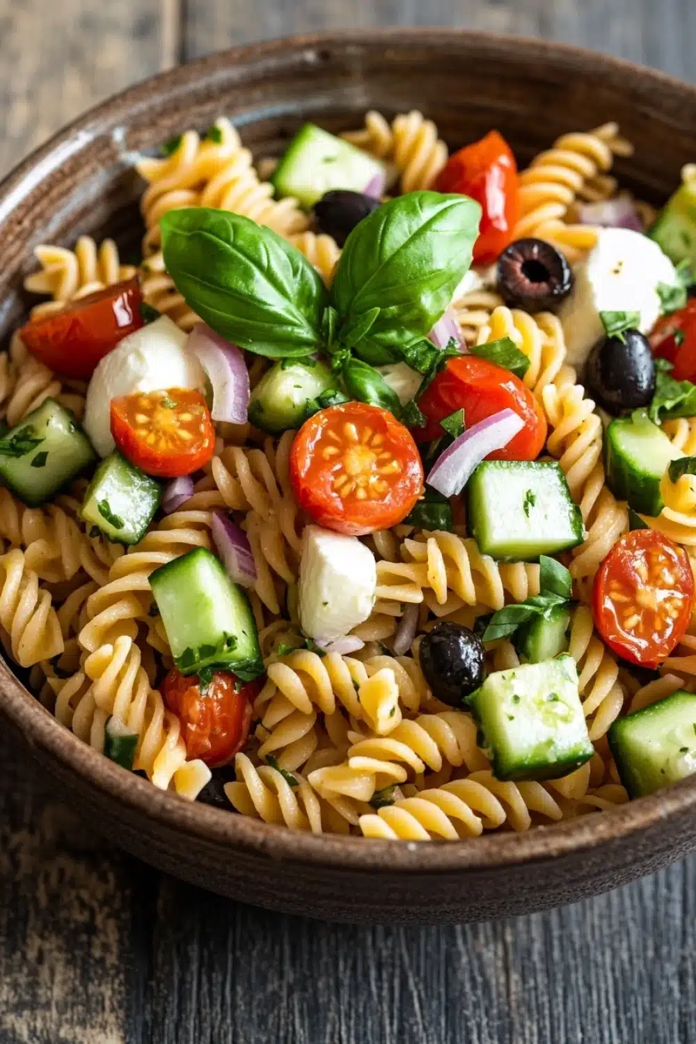 Make ahead pasta for camping - the image is a close-up of a bowl of pasta salad. the bowl is made of wood and is placed on a wooden table. the pasta is fusilli, which is a type of spiral pasta, and it is mixed with various vegetables such as sliced tomatoes, cucumbers, black olives, and basil leaves. the vegetables are arranged in a colorful and appetizing manner, with some of them overlapping each other. the colors of the vegetables are vibrant and the dish looks fresh and vibrant.