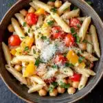 Make ahead pasta for camping - the image is a close-up of a bowl of pasta salad. the bowl is made of dark brown ceramic and is placed on a dark grey textured surface. the pasta is long and thin, and it is mixed with various vegetables such as cherry tomatoes, yellow bell peppers, and chickpeas. the vegetables are arranged in a colorful and appetizing manner, with some of them overlapping each other. there is also a sprinkle of grated parmesan cheese on top of the pasta. the dish is garnished with fresh parsley, adding a pop of green color to the dish.
