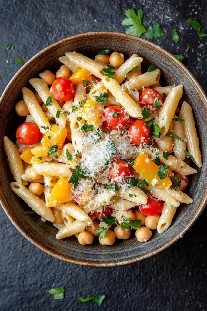Make ahead pasta for camping - the image is a close-up of a bowl of pasta salad. the bowl is made of dark brown ceramic and is placed on a dark grey textured surface. the pasta is long and thin, and it is mixed with various vegetables such as cherry tomatoes, yellow bell peppers, and chickpeas. the vegetables are arranged in a colorful and appetizing manner, with some of them overlapping each other. there is also a sprinkle of grated parmesan cheese on top of the pasta. the dish is garnished with fresh parsley, adding a pop of green color to the dish.