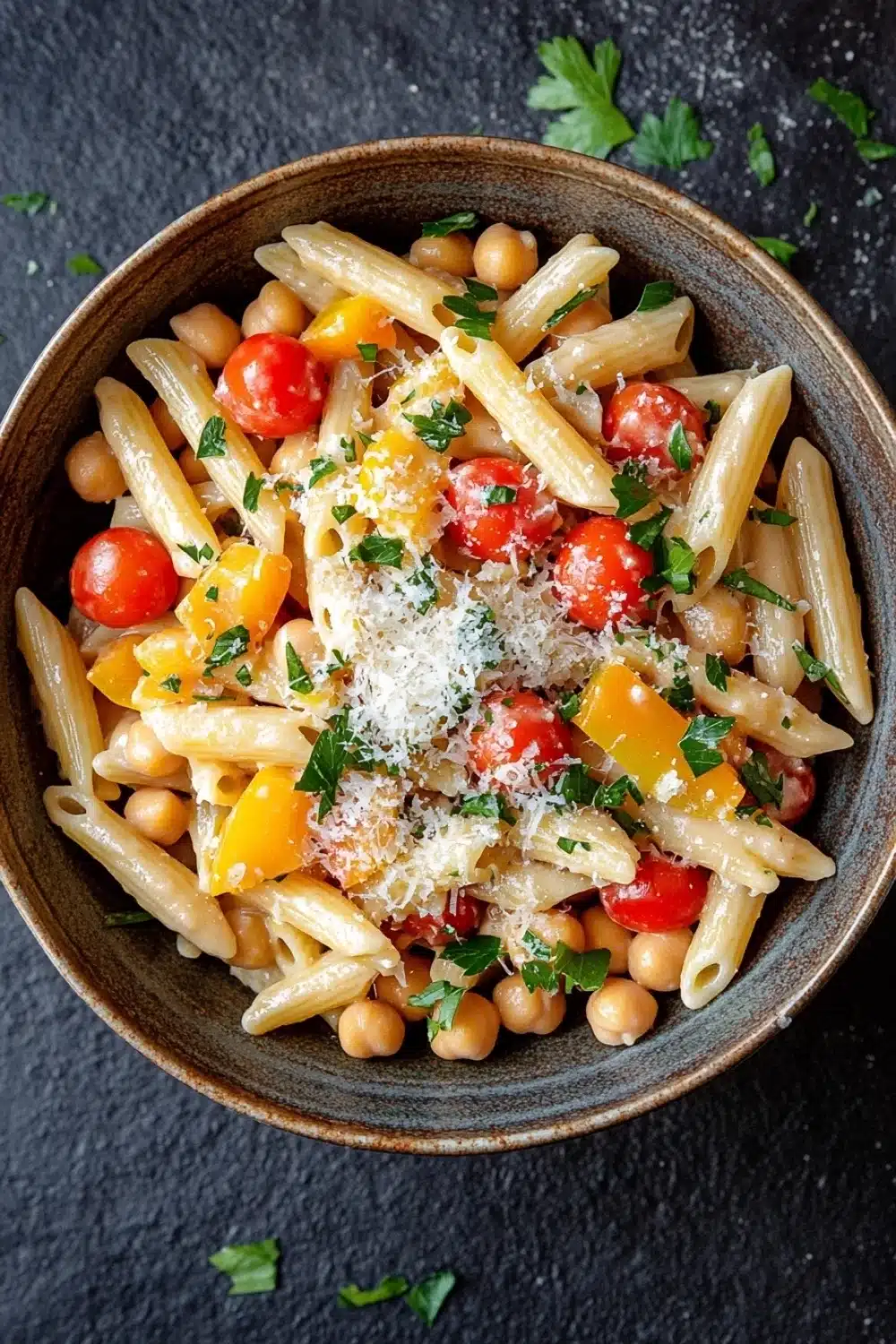 Make ahead pasta for camping - the image is a close-up of a bowl of pasta salad. the bowl is made of dark brown ceramic and is placed on a dark grey textured surface. the pasta is long and thin, and it is mixed with various vegetables such as cherry tomatoes, yellow bell peppers, and chickpeas. the vegetables are arranged in a colorful and appetizing manner, with some of them overlapping each other. there is also a sprinkle of grated parmesan cheese on top of the pasta. the dish is garnished with fresh parsley, adding a pop of green color to the dish.