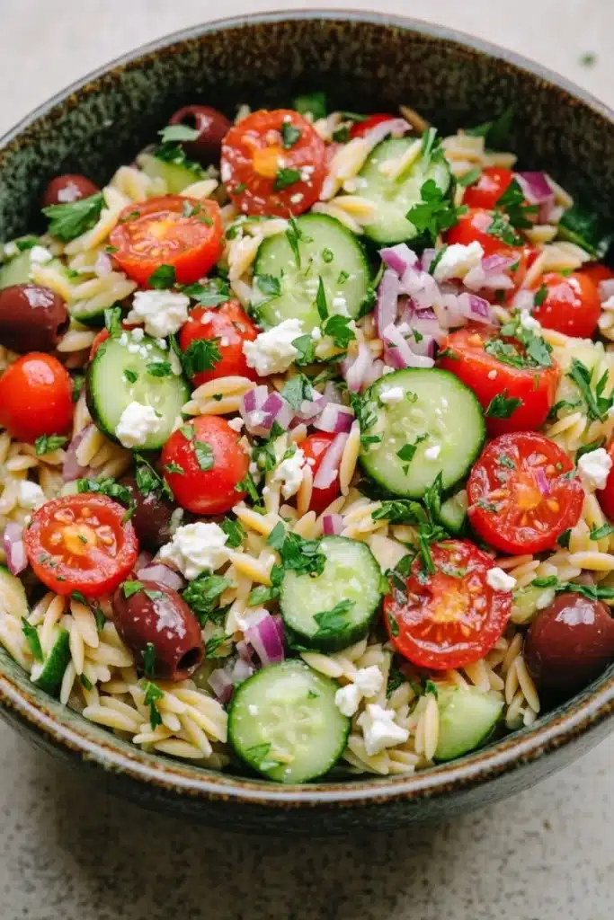 Mediterranean pasta salad with orzo - the image is a close-up of a bowl of pasta salad. the bowl is made of ceramic and has a green and brown speckled pattern. the pasta salad is made up of various types of pasta, including fusilli, cherry tomatoes, cucumbers, red onions, and feta cheese. the tomatoes are bright red and appear to be ripe and juicy. the cucumbers are sliced and arranged in a circular pattern, with some of them overlapping each other. the red onions are scattered throughout the salad, adding a pop of color and texture. the feta is crumbled and adds a creamy texture to the dish. the dish is garnished with fresh herbs, likely parsley or cilantro.