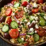 Mediterranean pasta salad with orzo - the image is a close-up of a bowl of pasta salad. the bowl is made of dark brown ceramic and is placed on a wooden table. the pasta salad is made up of fusilli, cherry tomatoes, cucumbers, red onions, and feta cheese. the tomatoes are bright red and the cucumbers are sliced into thin strips. the red onions are scattered throughout the salad, adding a pop of color and texture. the feta is crumbled and adds a creamy texture to the dish. there are also a few sprigs of parsley scattered around the bowl. the background is blurred, but it appears to be a rustic kitchen countertop.