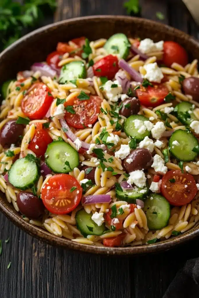 Mediterranean pasta salad with orzo - the image is a close-up of a bowl of pasta salad. the bowl is made of dark brown ceramic and is placed on a wooden table. the pasta salad is made up of fusilli, cherry tomatoes, cucumbers, red onions, and feta cheese. the tomatoes are bright red and the cucumbers are sliced into thin strips. the red onions are scattered throughout the salad, adding a pop of color and texture. the feta is crumbled and adds a creamy texture to the dish. there are also a few sprigs of parsley scattered around the bowl. the background is blurred, but it appears to be a rustic kitchen countertop.