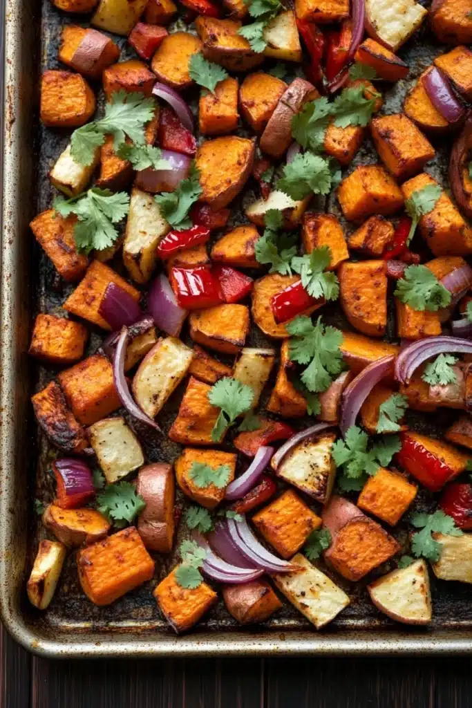Mexican roasted root vegetables - the image shows a baking tray filled with roasted sweet potatoes and red onions. the sweet potatoes are cut into small cubes and are arranged in a single layer on the tray. the onions are sliced red and appear to be seasoned with herbs and spices. the tray is lined with parchment paper and is placed on a wooden table. the overall appearance of the dish is colorful and appetizing.