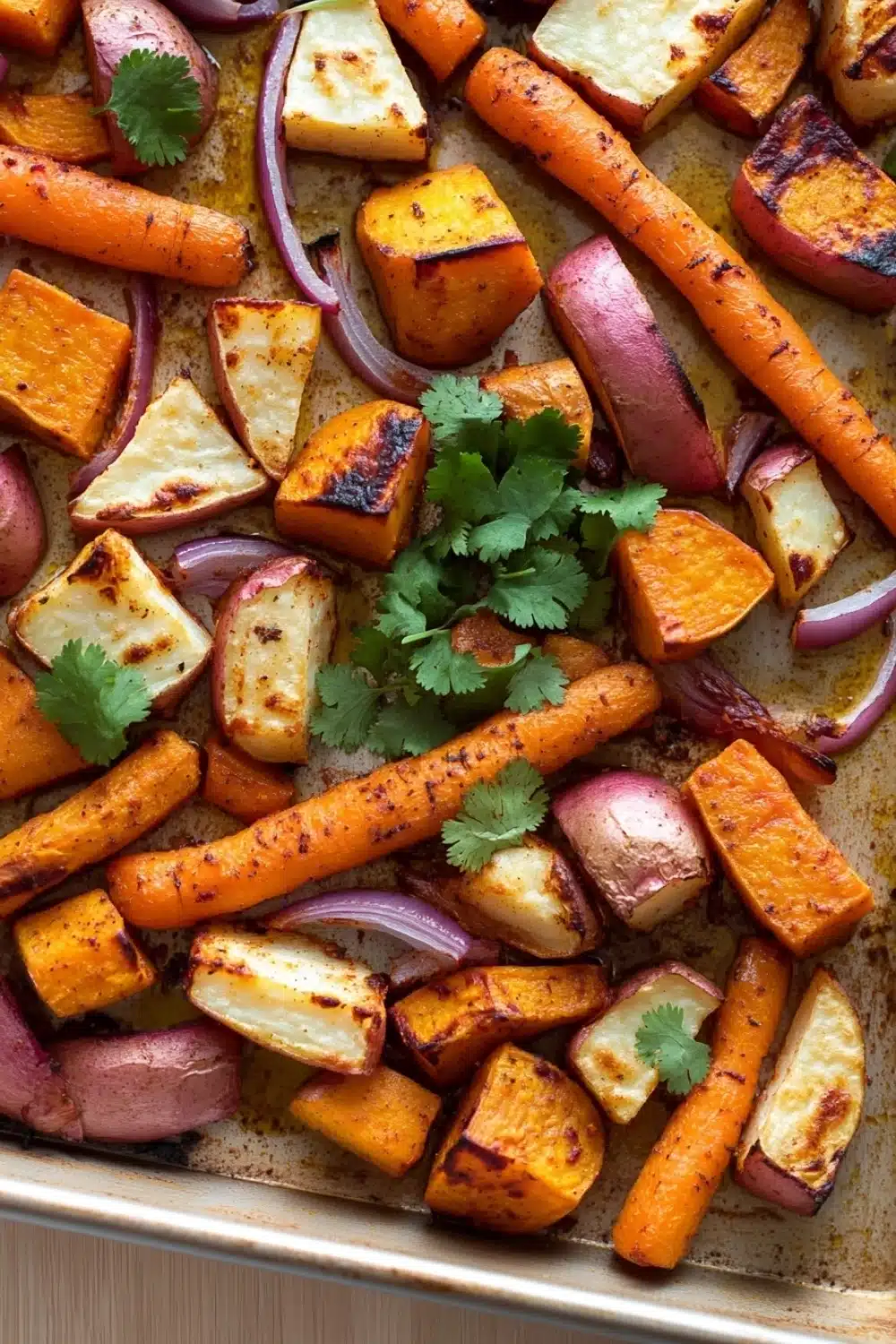 Mexican roasted root vegetables - the image shows a baking tray filled with roasted vegetables. the vegetables are cut into small cubes and are arranged in a single layer on the tray. the carrots are orange in color and appear to be seasoned with herbs and spices. there are also red onions and cilantro scattered throughout the tray, adding a pop of green color to the dish. the tray is lined with parchment paper and is sitting on a wooden surface.