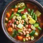 Minestrone soup classic - the image is a close-up of a bowl of soup. the soup appears to be a vegetable soup with white beans, carrots, celery, and other vegetables mixed in. the bowl is made of ceramic and is sitting on a dark grey textured surface. there are a few sprigs of parsley scattered around the bowl. the broth is a rich red color and looks thick and creamy. the vegetables are bright green and appear to be fresh and vibrant. the noodles are thin and spiral, and the soup looks like it would be ready to be eaten.