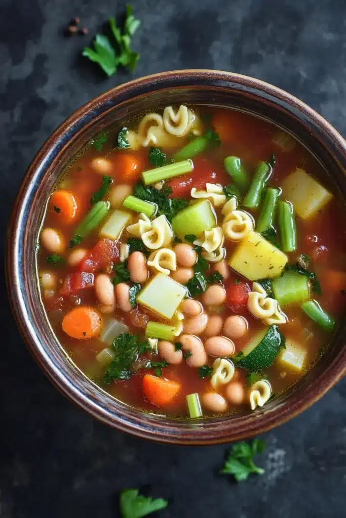 Minestrone soup classic - the image is a close-up of a bowl of soup. the soup appears to be a vegetable soup with white beans, carrots, celery, and other vegetables mixed in. the bowl is made of ceramic and is sitting on a dark grey textured surface. there are a few sprigs of parsley scattered around the bowl. the broth is a rich red color and looks thick and creamy. the vegetables are bright green and appear to be fresh and vibrant. the noodles are thin and spiral, and the soup looks like it would be ready to be eaten.