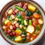 Minestrone soup classic - the image is a close-up of a bowl of soup on a white marble countertop. the soup appears to be a vegetable soup with chunks of white beans, red kidney beans, yellow squash, and green beans. there are also some herbs and spices mixed in with the soup. the bowl is made of ceramic and has a brown rim. the background is blurred, making the soup the focal point of the image.