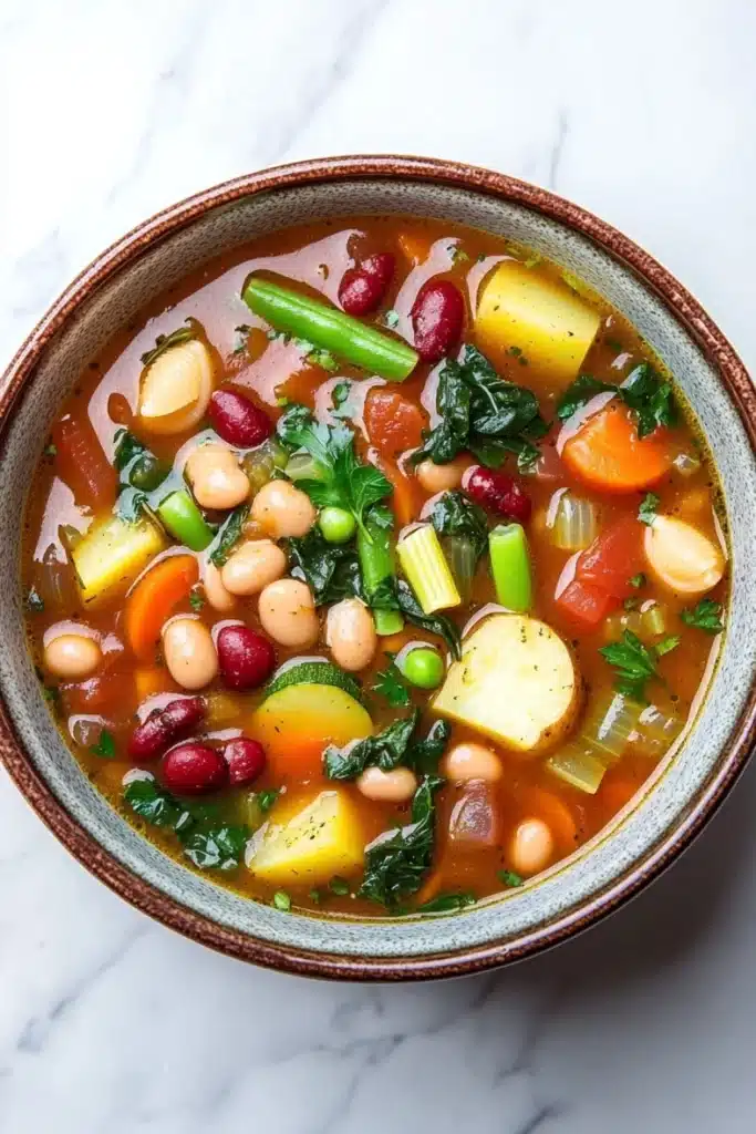 Minestrone soup classic - the image is a close-up of a bowl of soup on a white marble countertop. the soup appears to be a vegetable soup with chunks of white beans, red kidney beans, yellow squash, and green beans. there are also some herbs and spices mixed in with the soup. the bowl is made of ceramic and has a brown rim. the background is blurred, making the soup the focal point of the image.