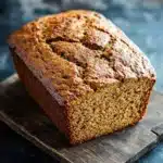 Moist pumpkin zucchini bread - the image is a close-up of a freshly baked loaf of bread on a wooden cutting board. the bread appears to be golden brown in color and has a crumbly texture. it is topped with a sprinkle of powdered sugar, giving it a shiny appearance. the cutting board is placed on a dark, textured surface, possibly a table or countertop. the background is blurred, making the bread the focal point of the image.