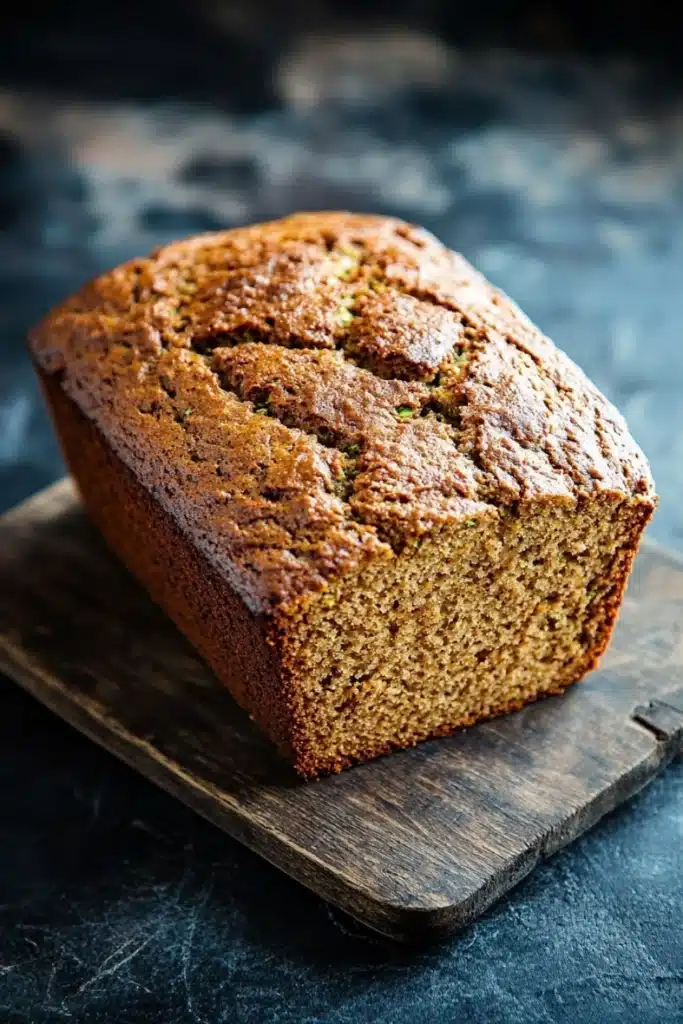 Moist pumpkin zucchini bread - the image is a close-up of a freshly baked loaf of bread on a wooden cutting board. the bread appears to be golden brown in color and has a crumbly texture. it is topped with a sprinkle of powdered sugar, giving it a shiny appearance. the cutting board is placed on a dark, textured surface, possibly a table or countertop. the background is blurred, making the bread the focal point of the image.