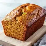 Moist pumpkin zucchini bread - the image shows a freshly baked loaf of bread on a wooden cutting board. the bread appears to be golden brown in color and has a slightly crumbly texture. it is topped with zucchini seeds, which are visible in the center of the loaf. the cutting board is placed on a white marble countertop with a gray cloth napkin next to it. the background is blurred, making the bread the focal point of the image.