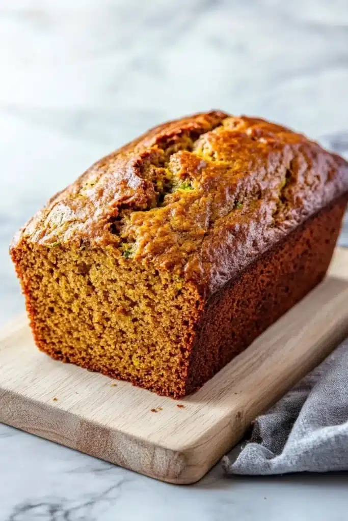 Moist pumpkin zucchini bread - the image shows a freshly baked loaf of bread on a wooden cutting board. the bread appears to be golden brown in color and has a slightly crumbly texture. it is topped with zucchini seeds, which are visible in the center of the loaf. the cutting board is placed on a white marble countertop with a gray cloth napkin next to it. the background is blurred, making the bread the focal point of the image.