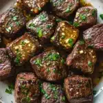 My incredible juicy garlic butter steak bites - the image shows a plate of cooked steak cubes. the steak cubes are arranged in a circular pattern on a white plate with a brown rim. they are covered in a dark brown sauce and garnished with chopped parsley. the sauce appears to be drizzled over the top of the steak, giving it a glossy sheen. the plate is sitting on a wooden table, and the background is blurred, making the steak the focal point of the image.