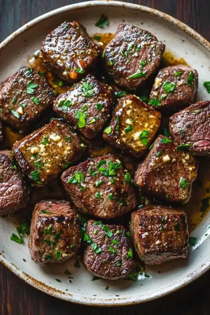 My incredible juicy garlic butter steak bites - the image shows a plate of cooked steak cubes. the steak cubes are arranged in a circular pattern on a white plate with a brown rim. they are covered in a dark brown sauce and garnished with chopped parsley. the sauce appears to be drizzled over the top of the steak, giving it a glossy sheen. the plate is sitting on a wooden table, and the background is blurred, making the steak the focal point of the image.