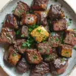 My incredible juicy garlic butter steak bites - the image is a close-up of a plate of food. the plate is white with a light blue rim and has a speckled pattern around the edges. on top of the plate, there are several pieces of cooked meat, which appear to be steak or beef tenderloin. the meat is garnished with chopped parsley and a small piece of yellow squash. the dish looks appetizing and ready to eat.