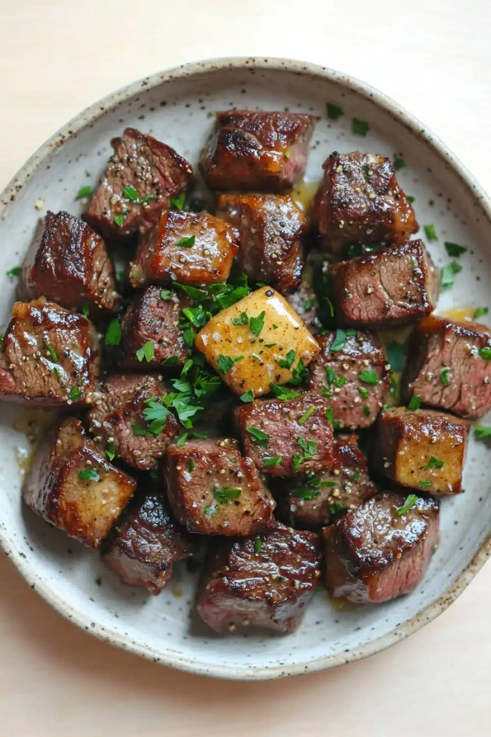 My incredible juicy garlic butter steak bites - the image is a close-up of a plate of food. the plate is white with a light blue rim and has a speckled pattern around the edges. on top of the plate, there are several pieces of cooked meat, which appear to be steak or beef tenderloin. the meat is garnished with chopped parsley and a small piece of yellow squash. the dish looks appetizing and ready to eat.