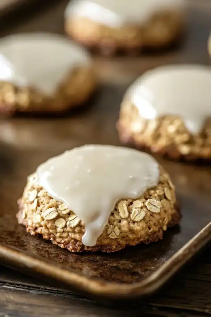 Oatmeal cookie glaze - the image shows a close-up of a cookie on a baking tray. the cookie appears to be oatmeal raisin cookies with a golden brown crust and a drizzle of white icing on top. the icing is drizzled over the top of the cookie, creating a smooth and glossy texture. the tray is lined with parchment paper, and there are other cookies visible in the background. the overall mood of the image is warm and inviting.