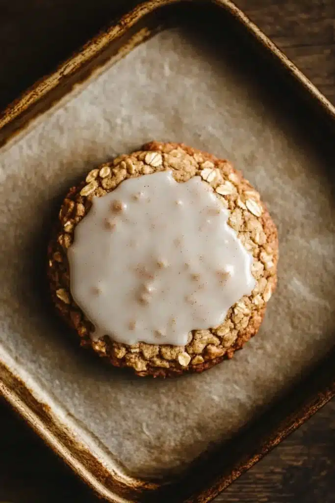 Oatmeal cookie glaze - the image shows a round cookie in a square baking tray. the cookie appears to be made with oats and nuts, and is covered in a creamy white icing. the tray is lined with parchment paper, and the background is a dark wooden surface. the overall mood of the image is warm and inviting.
