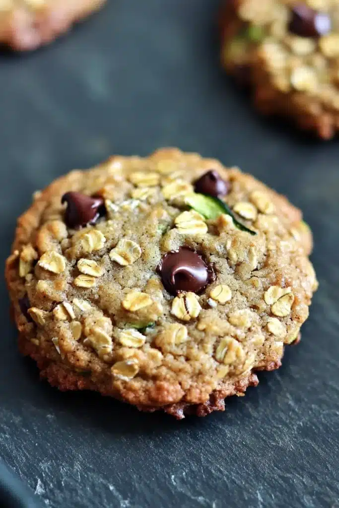 Oatmeal zucchini chocolate chip cookie - the image shows a close-up of a freshly baked oatmeal cookie on a black slate surface. the cookie is round and golden brown in color, with a crumbly texture. it is topped with chopped nuts and chocolate chips, giving it a crunchy appearance. in the background, there are more cookies visible, but they are slightly blurred. the overall mood of the image is warm and inviting.