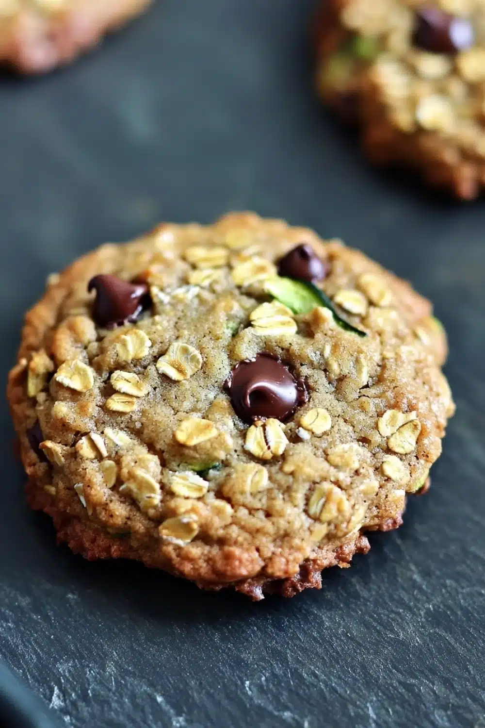 Oatmeal zucchini chocolate chip cookie - the image shows a close-up of a freshly baked oatmeal cookie on a black slate surface. the cookie is round and golden brown in color, with a crumbly texture. it is topped with chopped nuts and chocolate chips, giving it a crunchy appearance. in the background, there are more cookies visible, but they are slightly blurred. the overall mood of the image is warm and inviting.