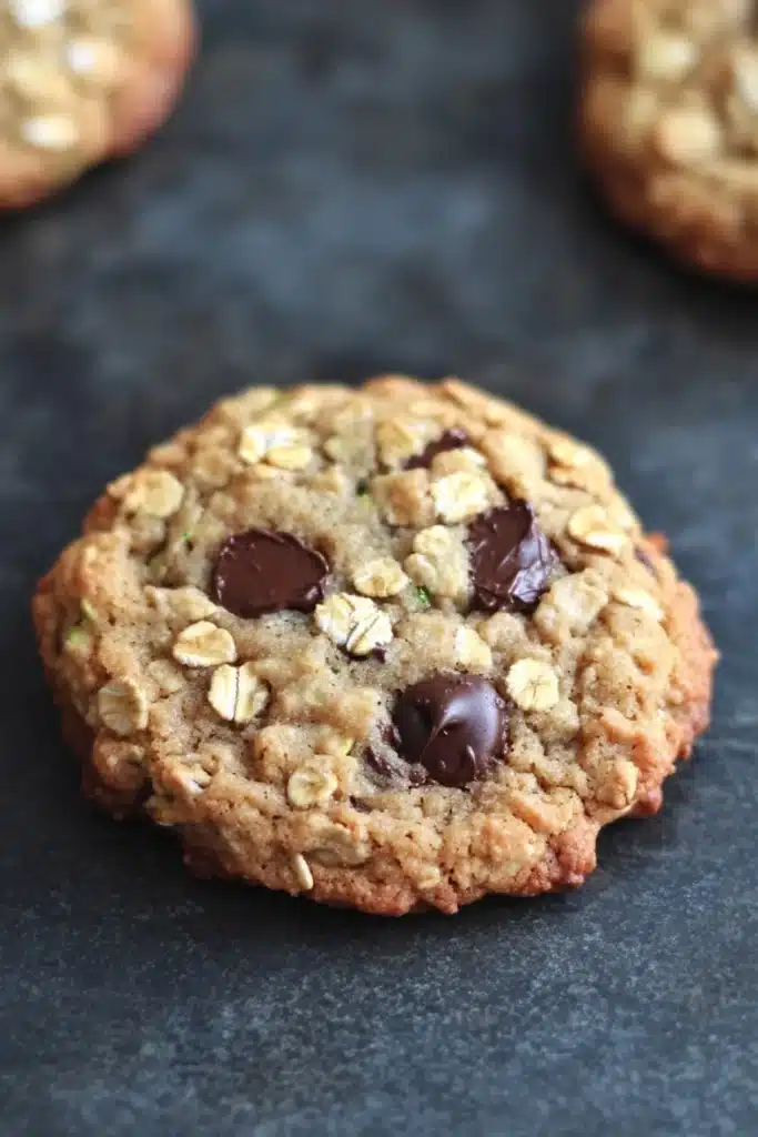 Oatmeal zucchini chocolate chip cookie - the image shows a close-up of a freshly baked oatmeal cookie on a dark grey surface. the cookie is round and golden brown in color, with a crumbly texture. it is topped with chopped nuts and chocolate chips, giving it a crunchy appearance. in the background, there are two more cookies visible, slightly blurred. the overall mood of the image is warm and inviting.