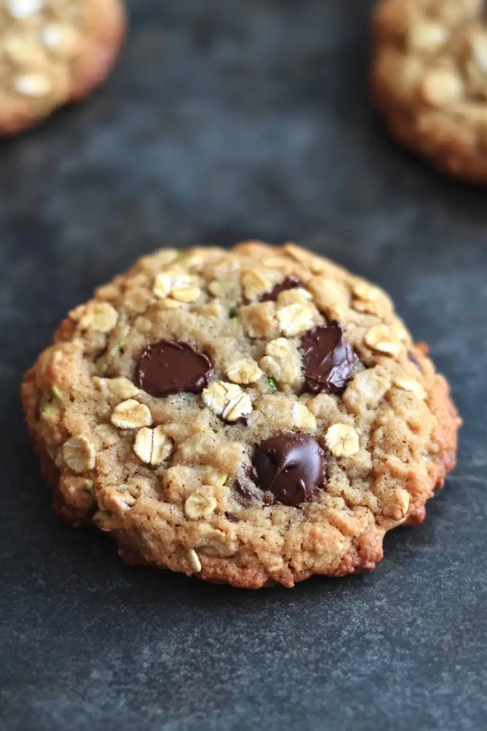 Oatmeal zucchini chocolate chip cookie - the image shows a close-up of a freshly baked oatmeal cookie on a dark grey surface. the cookie is round and golden brown in color, with a crumbly texture. it is topped with chopped nuts and chocolate chips, giving it a crunchy appearance. in the background, there are two more cookies visible, slightly blurred. the overall mood of the image is warm and inviting.