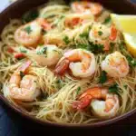 Olive garden shrimp scampi with angel hair pasta - the image shows a bowl of spaghetti with shrimp and parsley. the spaghetti is cooked al dente and is garnished with fresh parsley and lemon wedges. the shrimp are large and pink, and they are arranged in a circular pattern on top of the spaghetti. the dish is served in a brown bowl with a white napkin in the background. the bowl is sitting on a dark wooden table.