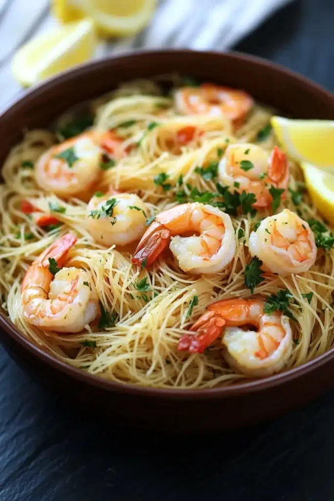 Olive garden shrimp scampi with angel hair pasta - the image shows a bowl of spaghetti with shrimp and parsley. the spaghetti is cooked al dente and is garnished with fresh parsley and lemon wedges. the shrimp are large and pink, and they are arranged in a circular pattern on top of the spaghetti. the dish is served in a brown bowl with a white napkin in the background. the bowl is sitting on a dark wooden table.
