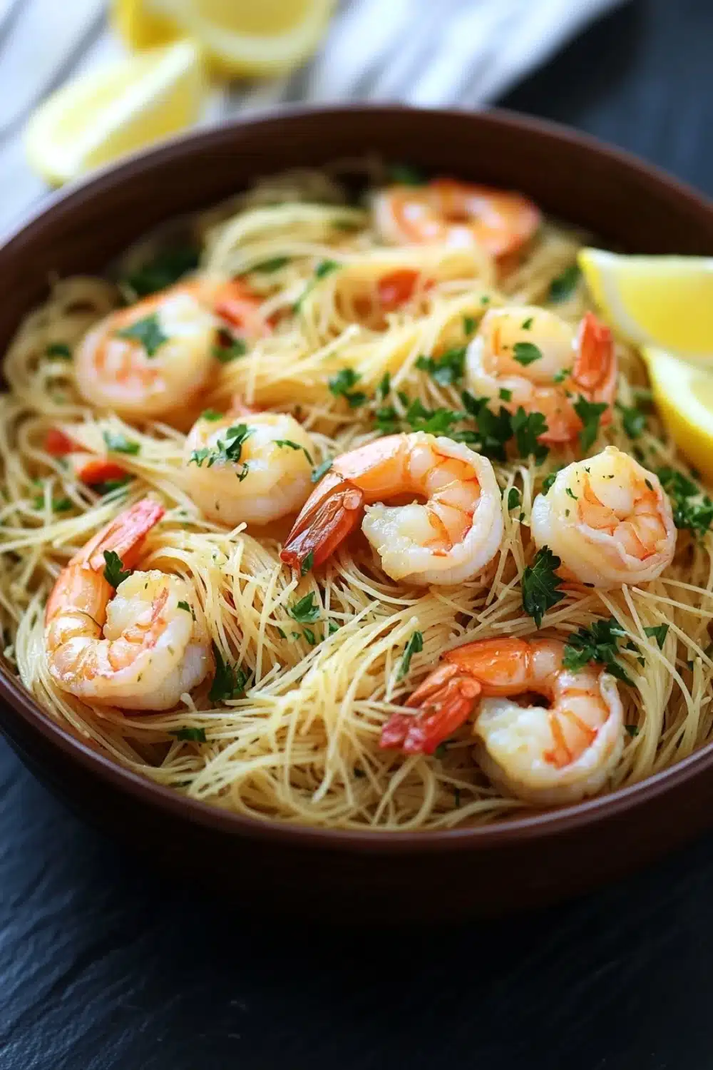 Olive garden shrimp scampi with angel hair pasta - the image shows a bowl of spaghetti with shrimp and parsley. the spaghetti is cooked al dente and is garnished with fresh parsley and lemon wedges. the shrimp are large and pink, and they are arranged in a circular pattern on top of the spaghetti. the dish is served in a brown bowl with a white napkin in the background. the bowl is sitting on a dark wooden table.