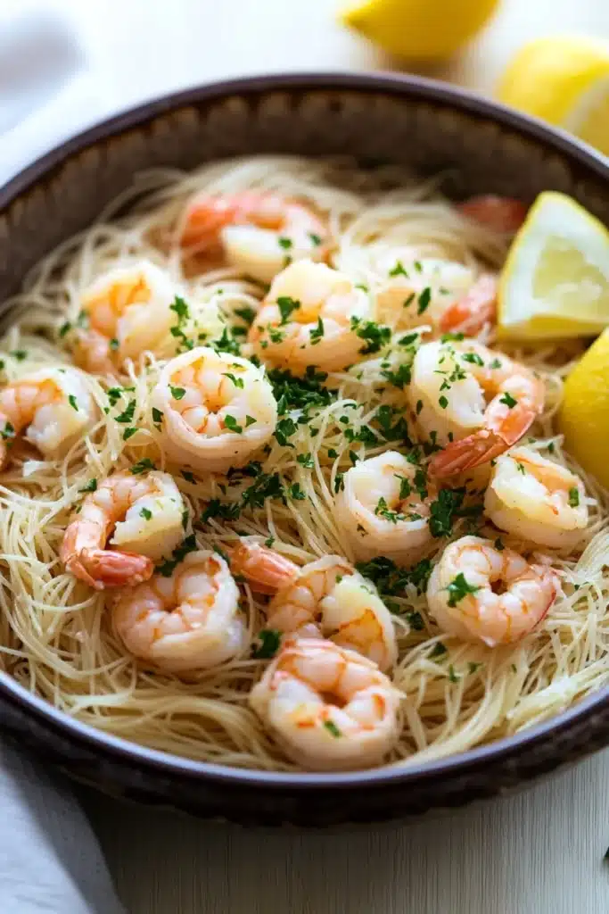 Olive garden shrimp scampi with angel hair pasta - the image shows a bowl of spaghetti with shrimp and lemon wedges. the spaghetti is cooked al dente and is garnished with chopped parsley. the shrimp are pink and appear to be cooked medium-sized. the bowl is made of dark brown ceramic and is sitting on a white tablecloth. there are two lemons on the side of the bowl, one on each side. the background is blurred, but it appears to be a kitchen countertop.