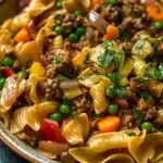 One pot beef noodle skillet - the image is a close-up of a bowl of pasta dish. the pasta appears to be fusilli, which is a type of spiral-shaped pasta, and is mixed with ground beef, peas, carrots, and onions. the dish is garnished with chopped parsley. the bowl is made of ceramic and is sitting on a dark blue tablecloth. the colors of the dish are vibrant and the texture looks fresh and appetizing.