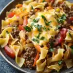 One pot beef noodle skillet - the image is a close-up of a dish in a bowl. the dish appears to be a type of pasta dish, possibly fettuccine alfredo, with a layer of ground beef, diced tomatoes, and onions mixed in. the beef is cooked to a golden brown color and is topped with a dollop of melted cheese. the pasta is long and thin, and the dish is garnished with fresh parsley. the bowl is sitting on a dark grey countertop, and there is a sprig of parsley in the background.