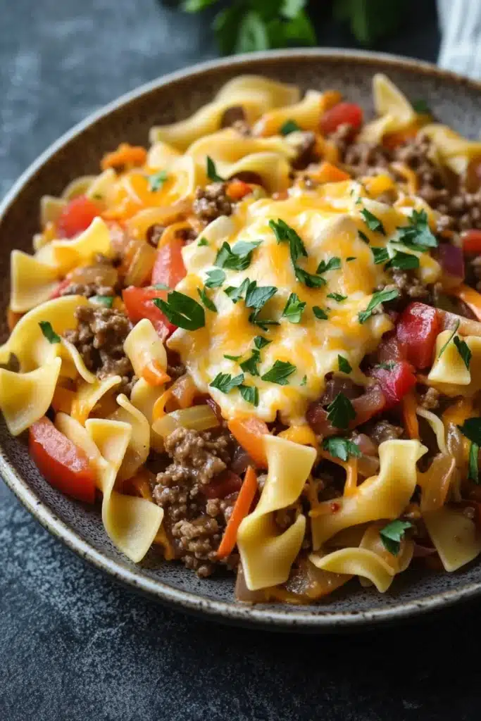 One pot beef noodle skillet - the image is a close-up of a dish in a bowl. the dish appears to be a type of pasta dish, possibly fettuccine alfredo, with a layer of ground beef, diced tomatoes, and onions mixed in. the beef is cooked to a golden brown color and is topped with a dollop of melted cheese. the pasta is long and thin, and the dish is garnished with fresh parsley. the bowl is sitting on a dark grey countertop, and there is a sprig of parsley in the background.