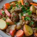 One pot beef potatoes - the image is a close-up of a dish in a gray bowl. the dish appears to be a beef stew with chunks of beef, carrots, potatoes, and onions. the beef is cooked in a rich, dark brown sauce and is garnished with fresh parsley. the potatoes are cut into small cubes and are scattered throughout the dish. the carrots are bright orange and the onions are a light yellow color. the broth is thick and thick, and the dish looks thick and flavorful. the bowl is sitting on a wooden table.