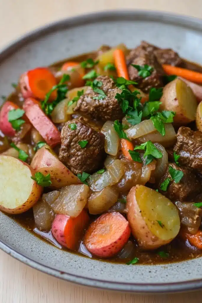 One pot beef potatoes - the image is a close-up of a dish in a gray bowl. the dish appears to be a beef stew with chunks of beef, carrots, potatoes, and onions. the beef is cooked in a rich, dark brown sauce and is garnished with fresh parsley. the potatoes are cut into small cubes and are scattered throughout the dish. the carrots are bright orange and the onions are a light yellow color. the broth is thick and thick, and the dish looks thick and flavorful. the bowl is sitting on a wooden table.