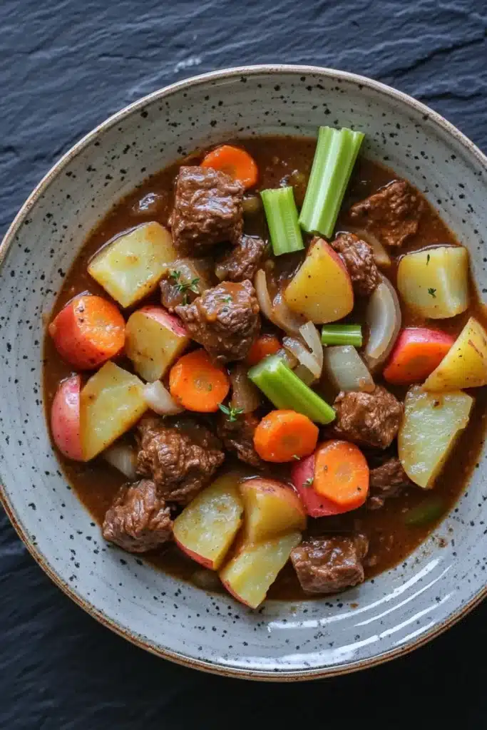 One pot beef potatoes - the image is a close-up of a bowl of beef stew. the bowl is made of ceramic and has a speckled pattern on the rim. the stew is a rich brown color and appears to be made with chunks of beef, carrots, potatoes, onions, and celery. the beef is cooked medium-rare and looks tender and juicy. the vegetables are cut into small cubes and are arranged in a colorful and appetizing manner. the broth is thick and thick, and the dish looks thick and flavorful. the background is dark, making the colors of the stew stand out even more.