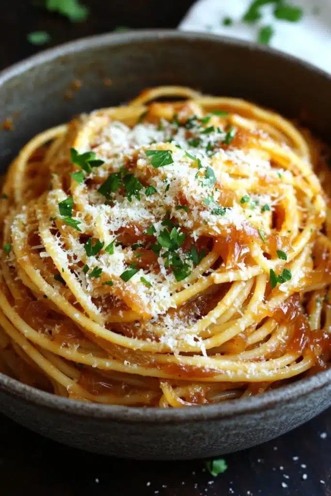 One pot carmelized onion pasta - the image shows a close-up of a bowl of spaghetti. the spaghetti is cooked al dente and is covered in a tomato sauce. the sauce is a deep red color and appears to be thick and creamy. on top of the spaghetti, there is a generous amount of grated parmesan cheese, which is sprinkled with chopped parsley. the bowl is made of dark-colored ceramic and is sitting on a dark wooden table. the background is blurred, but it seems to be a kitchen countertop.